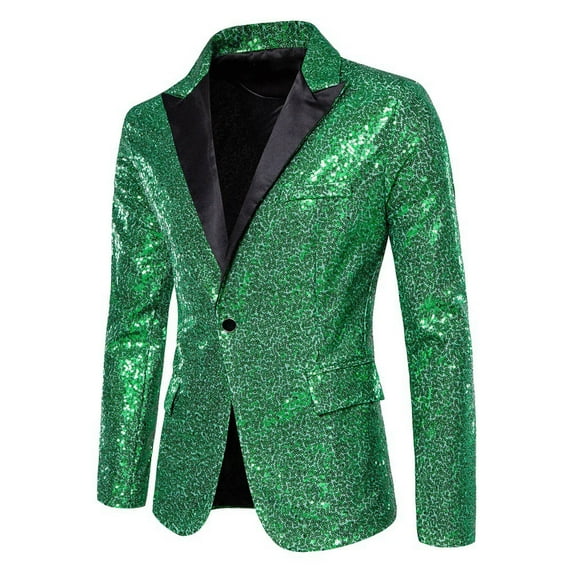 WREESH Mens Sequins Suit Jacket Color Block Stylish Blazer Peaked Lapel One Button Tuxedo Evening Formal Dress Jacket Performance Suit Green