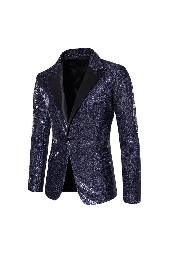 Mens Sequins Suit Jacket Color Block Stylish Blazer Peaked Lapel One Button Tuxedo Evening Formal Dress Jacket Performance Suit Navy