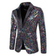 thumbnail image 1 of WREESH Mens Sequins Suit Jacket Color Block Stylish Blazer Peaked Lapel One Button Tuxedo Evening Formal Dress Jacket Performance Suit Purple, 1 of 8