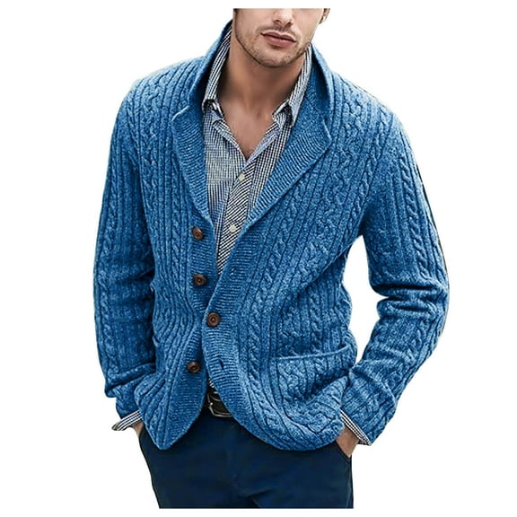 WREESH Mens Shawl Collar Cardigan Sweater Loose Cable Knit Sweater Casual Long Sleeve Buttons Up Sweater with Pockets Navy