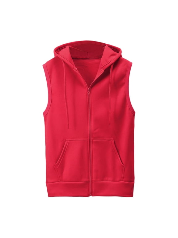 Mens Sleeveless Sweatshirts Vest Casual Solid Hooded Vest Drawstring Zipper Workout Outerwear Vest Red
