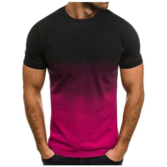 WREESH Mens Slim Contrast Color T-Shirts Gradient Crew Neck Short-Sleeve Summer Workout Tops Hot Pink