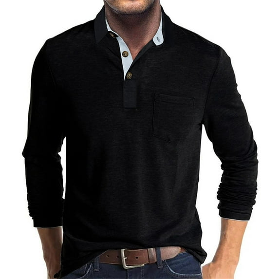 WREESH Mens Slim Fit Henley Shirts Workout Shirt Color Block Long Sleeve Pullover Causal Button T Shirt With Pocket Black