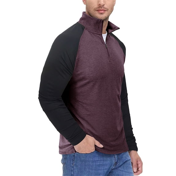 WREESH Mens Slim Fit Henley Shirts Workout Shirt Color Block Long Sleeve Zip Up Pullover Causal Lightweight T Shirts Wine