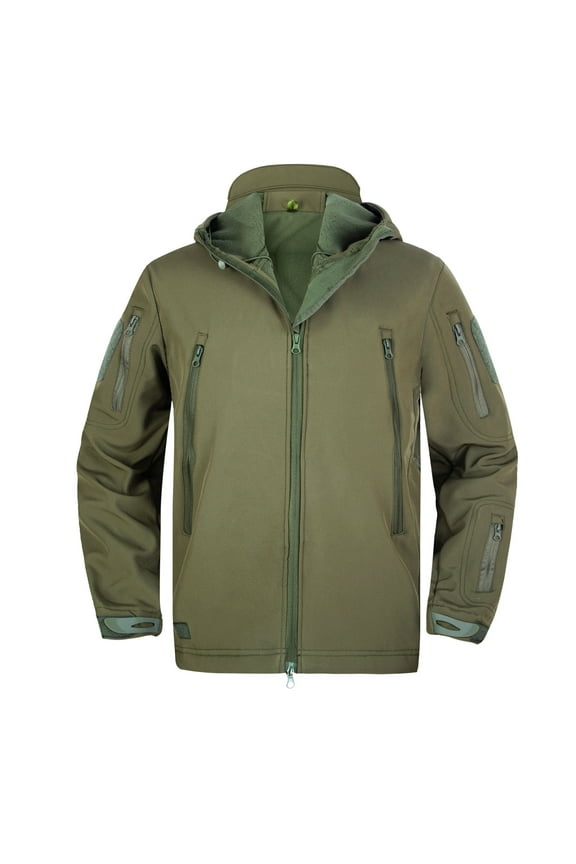 Mens Softshell Technical Jacket Hoodie Fleece Lined Jacket 6 Zip Pockets Warm Winter Jacket Military Jacket Outdoor Hiking Sportswear Olive Green