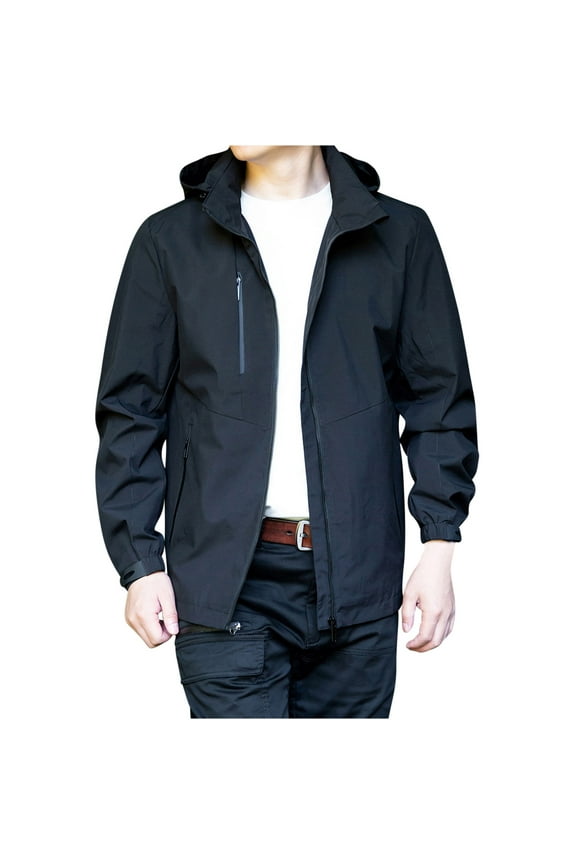 Mens Solid Technical Jacket Lightweight Windproof Zip Up Jacket Stand Collar Hooded Sweatshirts Outdoor Travel Jacket Business Casual Coats Black