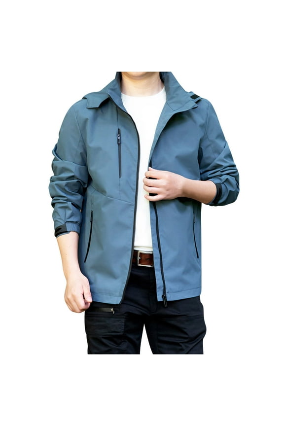 Mens Solid Technical Jacket Lightweight Windproof Zip Up Jacket Stand Collar Hooded Sweatshirts Outdoor Travel Jacket Business Casual Coats Blue