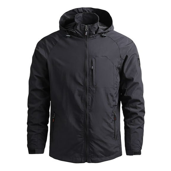 WREESH Mens Solid Technical Jacket Windproof Hooded Jacket Stand Collar Zipper Outerwear Outdoor Travel Jacket Black