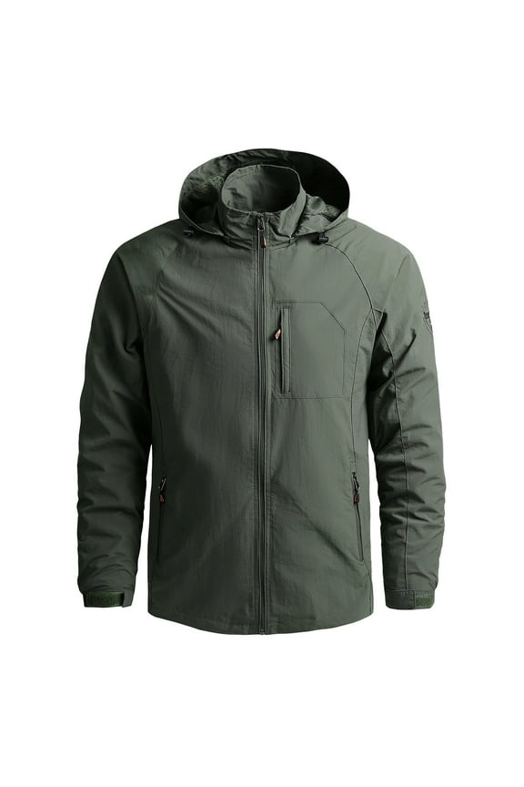 Mens Solid Technical Jacket Windproof Hooded Jacket Stand Collar Zipper Outerwear Outdoor Travel Jacket Olive Green