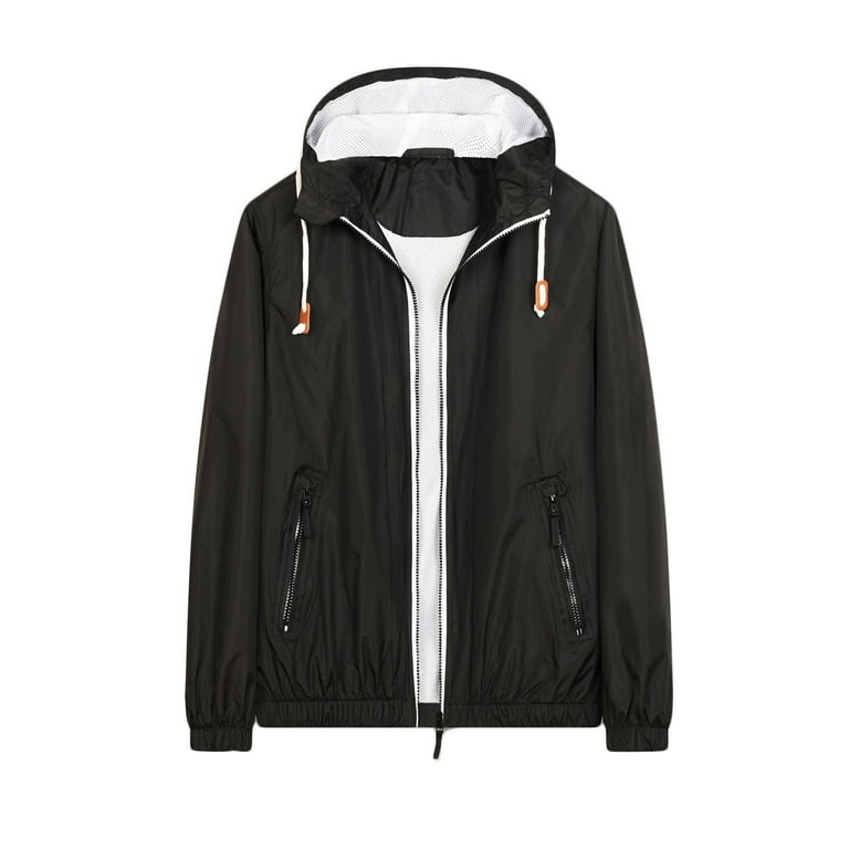 WREESH Mens Solid Windbreaker Jacket Lightweight Hooded Jacket Fall Casual Loose Windproof Outerwear Outdoor Sunscreen Jogging Jacket Black