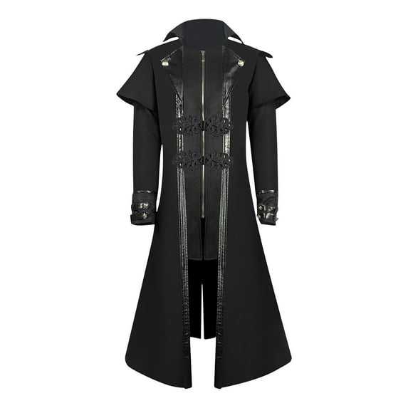 WREESH Mens Steampunk Long Trench Coat Gothic Vintage Tailcoat Jacket Lapel Zip Up Overcoat Leather Deco Lace Up Frock Coat Black