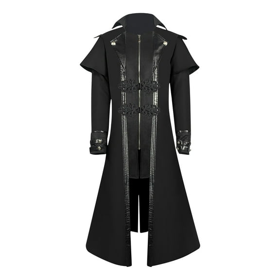 WREESH Mens Steampunk Long Trench Coat Gothic Vintage Tailcoat Jacket Lapel Zip Up Overcoat Leather Deco Lace Up Frock Coat Black