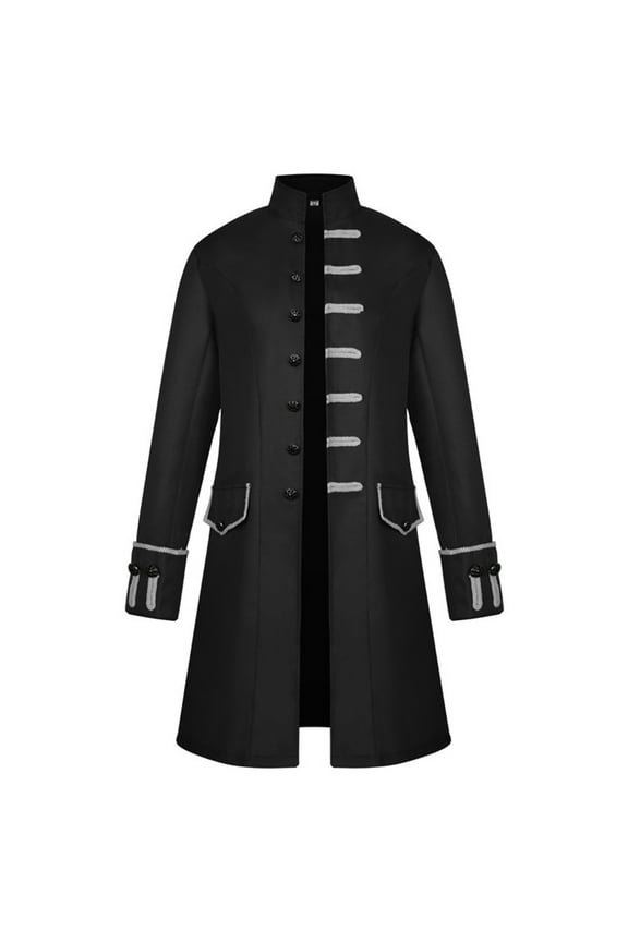 Mens Steampunk Tailcoat Medieval Vintage Frock Coat Single Breasted Stand Collar Overcoats Rolled Cuffs Button Long Trench Coat Black