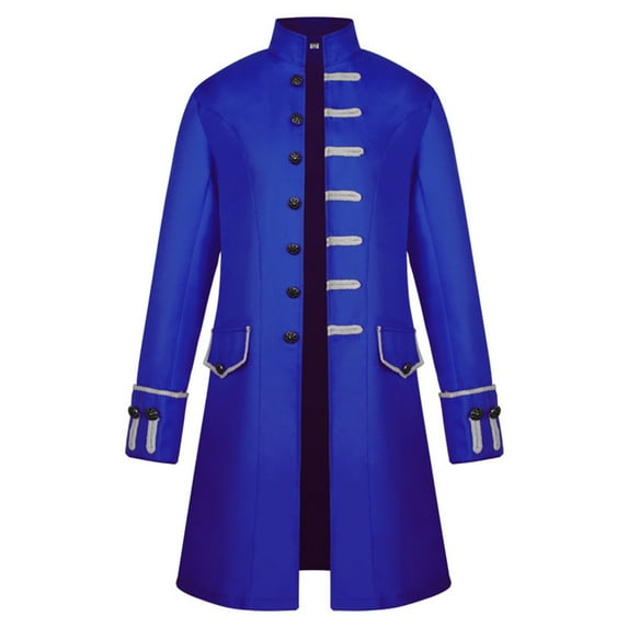 WREESH Mens Steampunk Tailcoat Medieval Vintage Frock Coat Single Breasted Stand Collar Overcoats Rolled Cuffs Button Long Trench Coat Blue