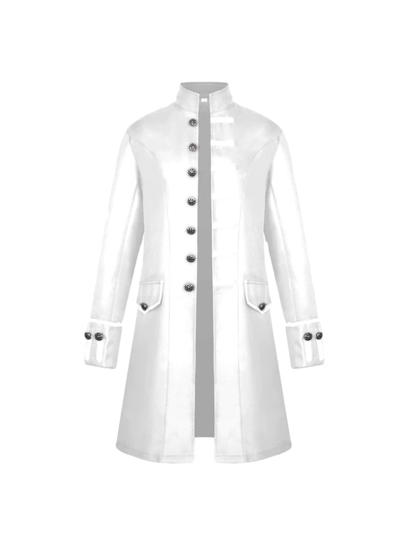 Mens Steampunk Tailcoat Medieval Vintage Frock Coat Single Breasted Stand Collar Overcoats Rolled Cuffs Button Long Trench Coat White