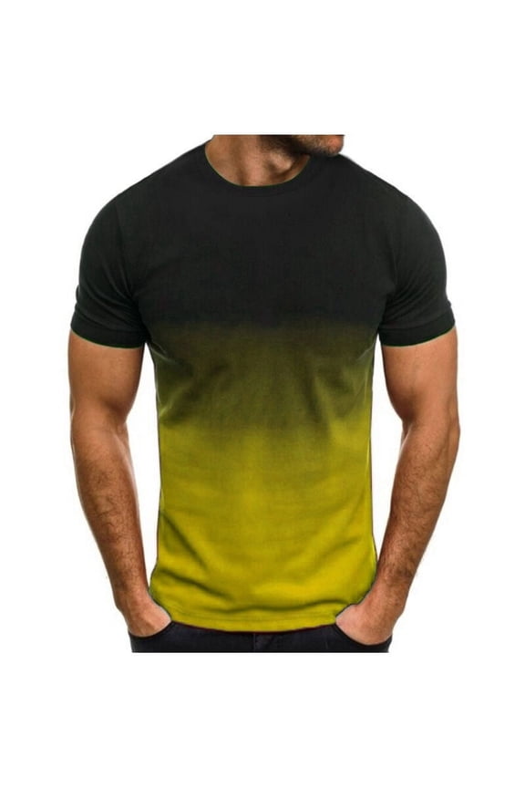 Mens Stylish Gradient T-Shirts Slim T-Shirts with Contrast Color Crew Neck for Summer Yellow