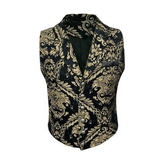 WREESH Mens Suit Vest Gothic Dress Vest Medieval Court Jacquard Tuxedo Vests Vintage Slim Lining Waistcoat Golden B