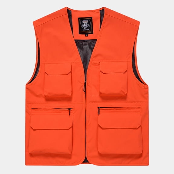 WREESH Mens Thin Cargo Vest Casual Solid Work Vests Travel Photography Vest Outdoor Hiking Vests Orange
