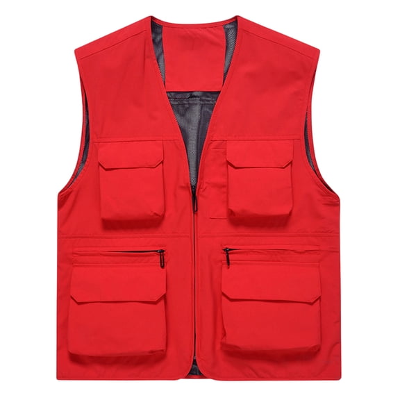 WREESH Mens Thin Cargo Vest Casual Solid Work Vests Travel Photography Vest Outdoor Hiking Vests Red