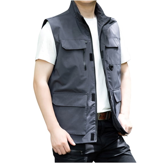 WREESH Mens Thin Cargo Vest Stand Collar Hidden Zipper Work Vest Quick Drying Outdoor Hiking Vests Travel Photography Vest Dark Gray