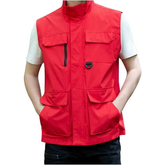 WREESH Mens Thin Cargo Vest Stand Collar Hidden Zipper Work Vest Quick Drying Outdoor Hiking Vests Travel Photography Vest Red A