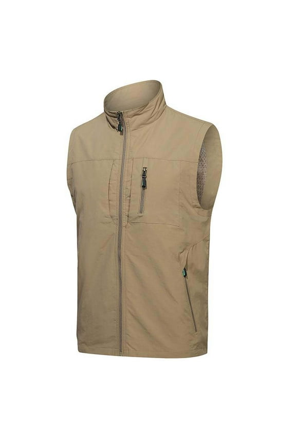 Mens Thin Lightweight Sport Vest Solid Cargo Vest Quick Drying Outdoor Hiking Vest Casual Stand Collar Zip Up Outerwear Vest Khaki
