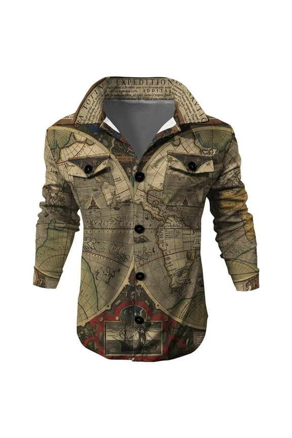 Mens Trendy Shackets Jacket World Map Print Button Up Jacket Slim Long Sleeve Jacket with Pockets Gray