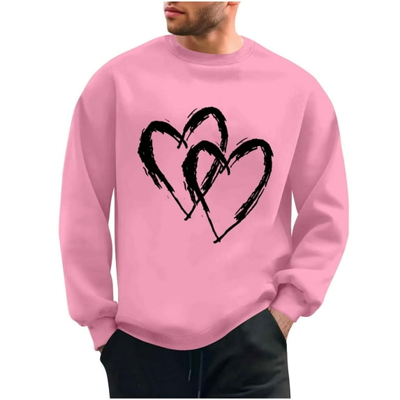 WREESH Mens Valentines Sweatshirts Graphic Oversized Sweatshirts Loose Casual Heart Printed Round Neck Pullover Tops Spring Shirt Pink