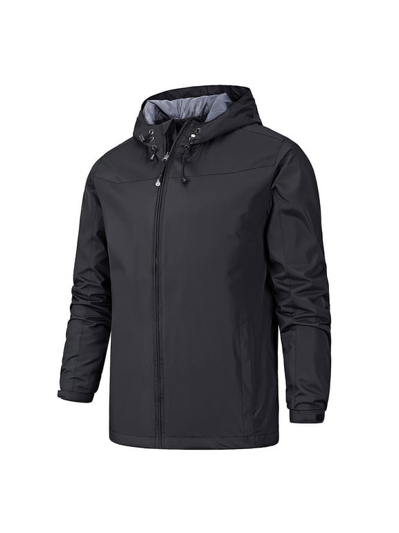 Mens Windbreaker Jacket Lightweight Solid Color Technical Jacket Slim Zipper Drawstring Hooded Jacket Outdoor Jogging Jacket Black