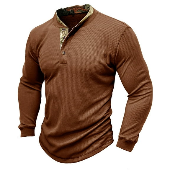 WREESH Mens Workout Shirts Fitness Henley Shirts Jogger Undershirt Solid Color Long Sleeve Shirts Slim Fit Button Pullover Brown