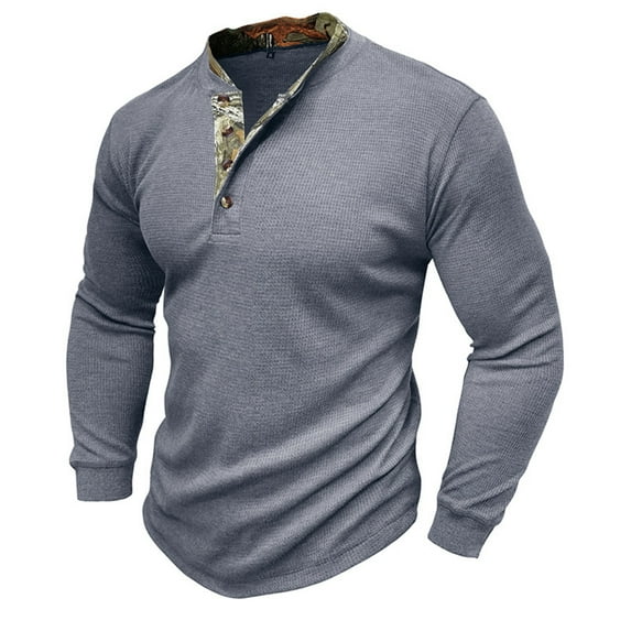 WREESH Mens Workout Shirts Fitness Henley Shirts Jogger Undershirt Solid Color Long Sleeve Shirts Slim Fit Button Pullover Gray