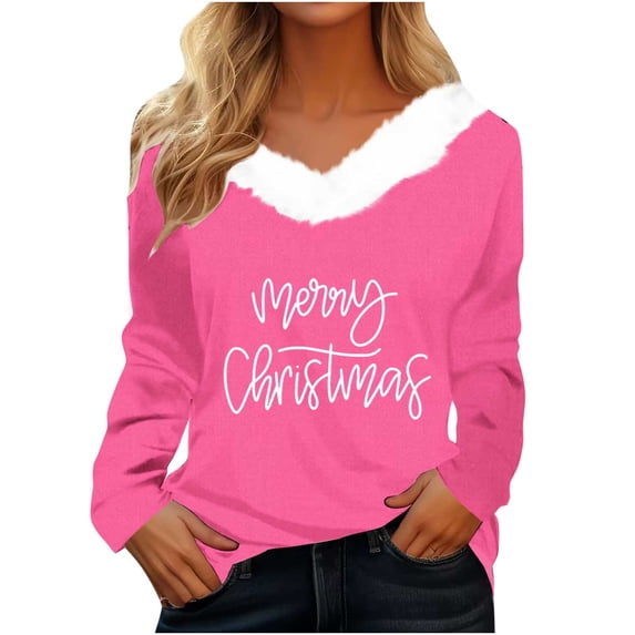 WREESH Merry Christmas Womens Fashion Slim V Neck Blouses Patchwork Faux Furry Collar Pullover Letter Printed T-Shirts Long Sleeve Tunic Tops Bottoming Shirt Pink