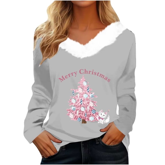 WREESH Merry Christmas Womens Fashion Slim V Neck Blouses Warm Faux Furry Collar Pullover Pink Christmas Tree Printed T-Shirts Long Sleeve Tunic Tops Bottoming Shirt Gray