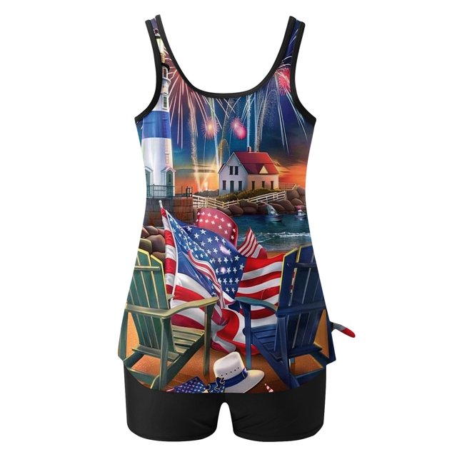 WREESH Modest Swimsuit Women's Two Piece Tankini Set High-Waisted Bottoms Patriotic Independence Day Print Design Red