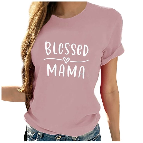 WREESH Mother's Day Mama Shirts Women's Short Sleeve Round Neck Graphic Printed Loose Tops Pink