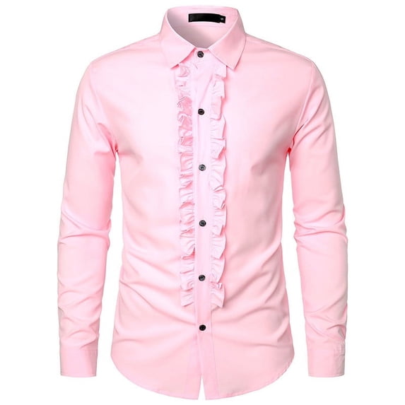 WREESH New Casual Fashion Men Shirts Color Matching Shirt Loose Youth Long Sleeve Turndown Collar Shirt & Shirt Pink