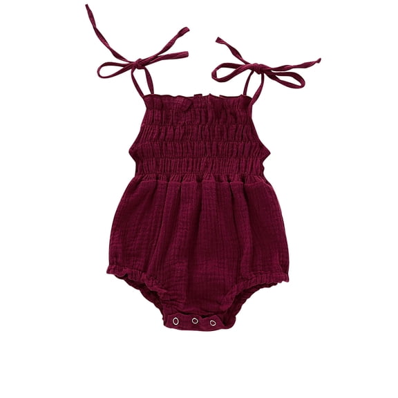 WREESH Newborn Baby Toddler Girls Double Layer Cotton Crepe Romper Lace Up One Piece Jumpsuit Baby Clothes Burgundy