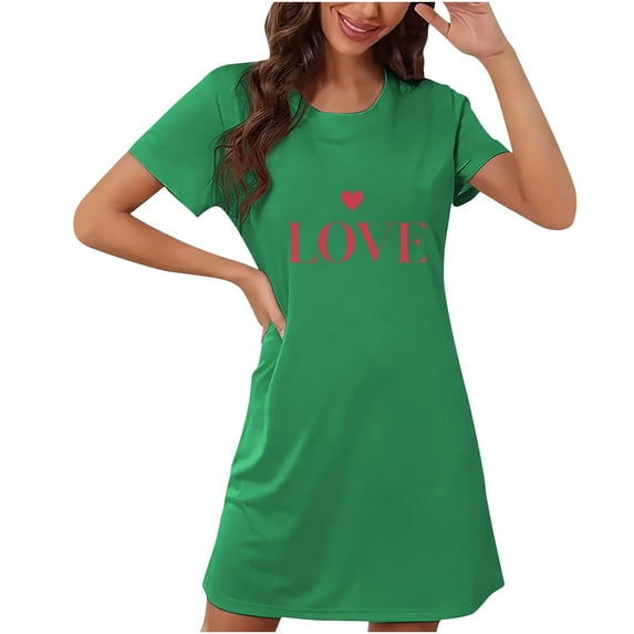 WREESH Night Shirts for Women Valentine's Day Short Sleepshirts Heart Printed for Comfortable and Soft Sleepwear Green