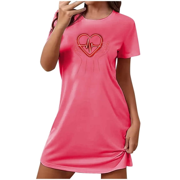 WREESH Nightgowns for Women Flare Short Sleeve Sleepshirt Crew Neck Sleepwear Pajama Dress S-2Xl Hot Pink