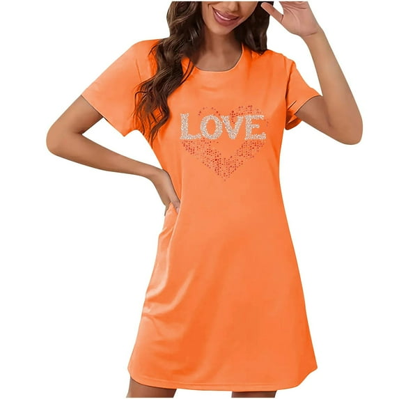 WREESH Nightshirt for Women Short Sleeve Sleepshirts with Cute Heart Printed for Cozy and Comfortable Sleepwear Orange
