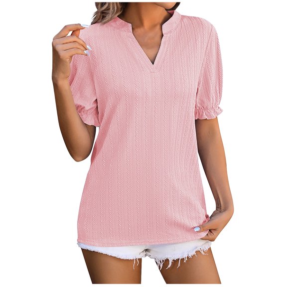 WREESH Notch Neck Tunic Tops for Women Dressy Casual Solid Color Short Sleeve Summer T-Shirts Pink