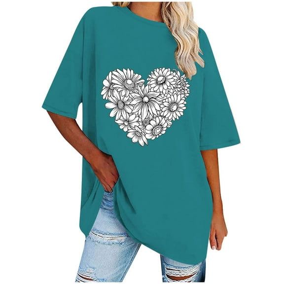 WREESH Oversized Casual T-Shirts Women's Short Sleeve Round-Neck Graphic Tops Blue