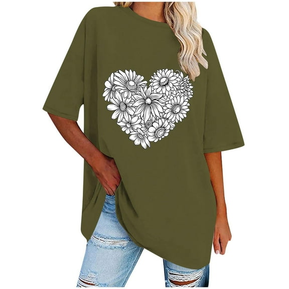 WREESH Oversized Casual T-Shirts Women's Short Sleeve Round-Neck Graphic Tops Olive Green