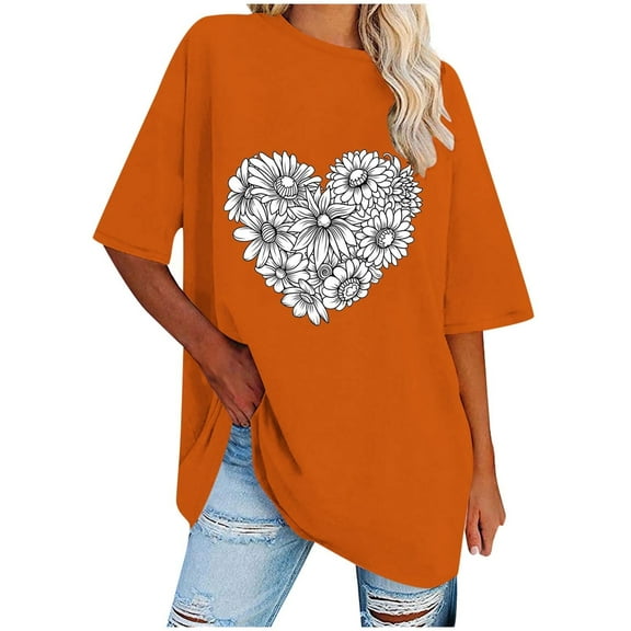 WREESH Oversized Casual T-Shirts Women's Short Sleeve Round-Neck Graphic Tops Orange