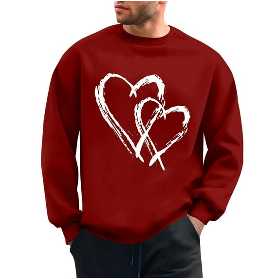 WREESH Oversized Sweatshirt for Men Crewneck Sweatshirts Loose Casual Heart Graphic Pullover Tops Spring Valentine's Shirt Red