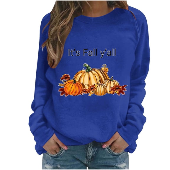 WREESH Oversized Women's Long Sleeve Shirts Thanksgiving Pumpkin Graphic Tees Casual Fall Tops 2025 Blue