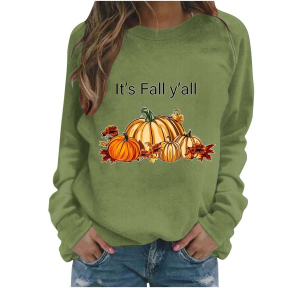 WREESH Oversized Women's Long Sleeve Shirts Thanksgiving Pumpkin Graphic Tees Casual Fall Tops 2025 Green