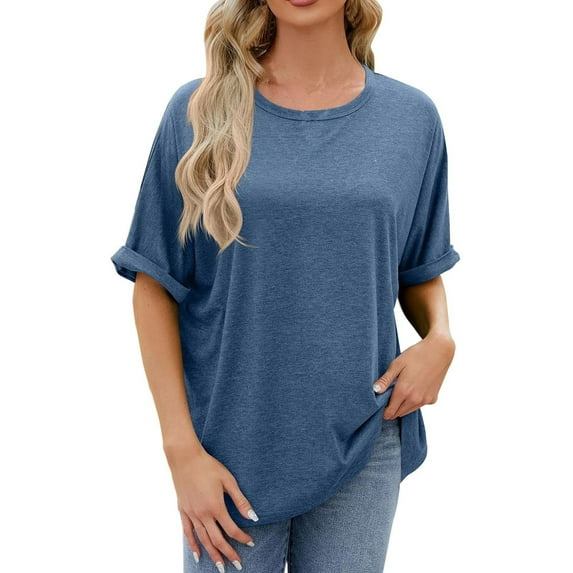 WREESH Oversized Women's T-Shirts Solid Color Short Sleeve Crew Neck Tops for a Loose Fit Navy