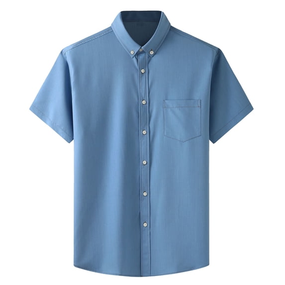 WREESH Oxford Shirts in Short Sleeve Regular Fit Casual Style with Turndown Collar, Pocket Elastic Denim Button Down Light Blue