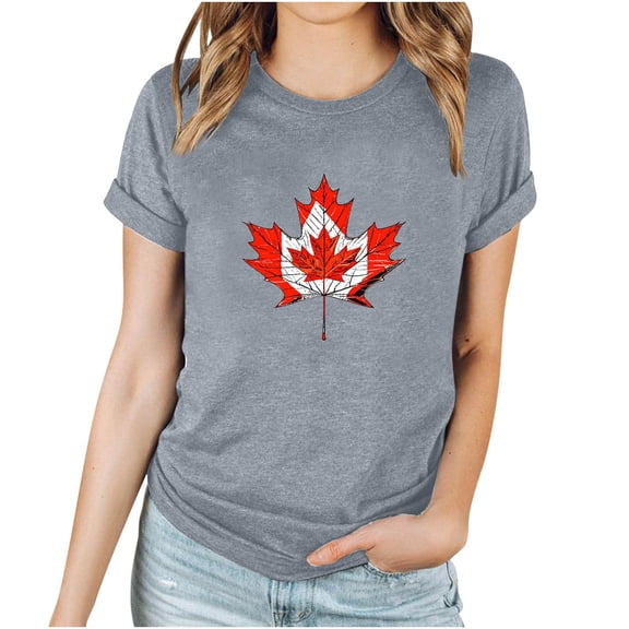 WREESH Patriotic Maple Leaf Graphic Tee Women's Short Sleeve Summer Top with Round Neck Gray